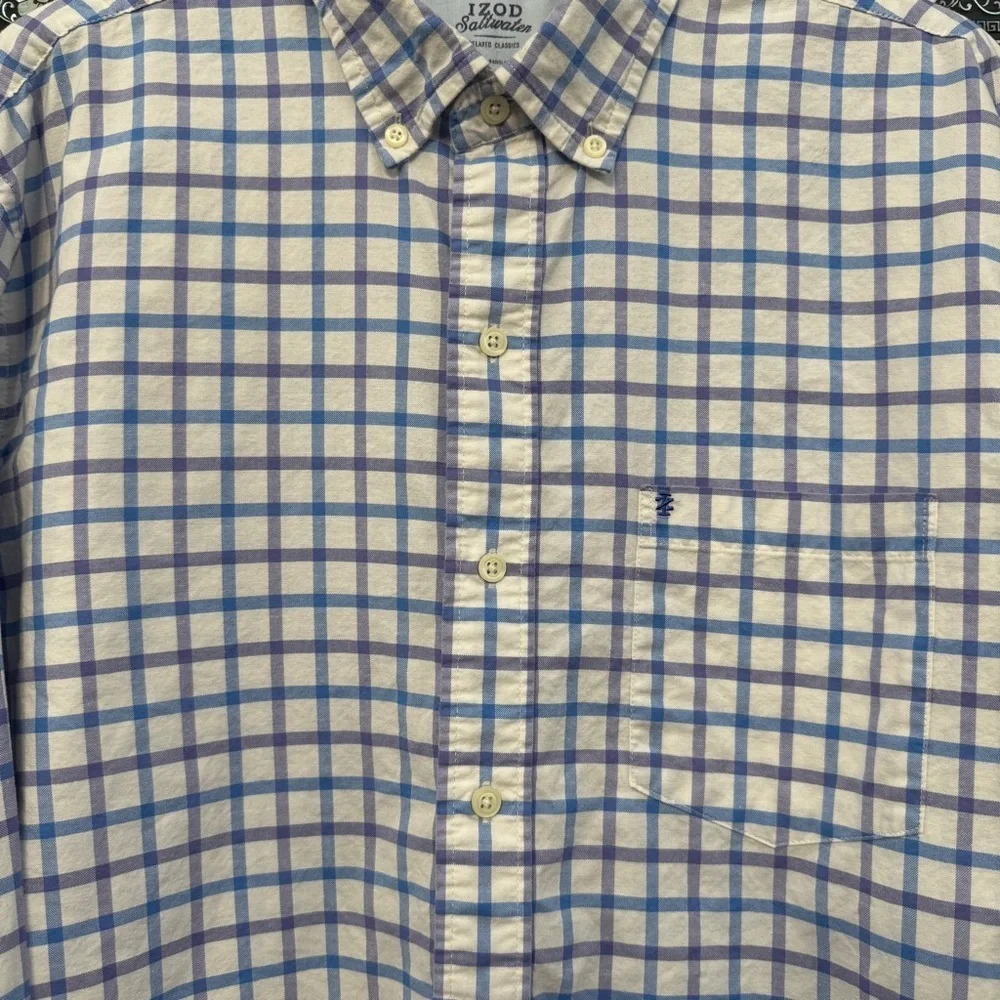 Izod Saltwater Men’s Plaid Shirt Large Blue White Cotton Long Sleeve - Picture 4 of 7